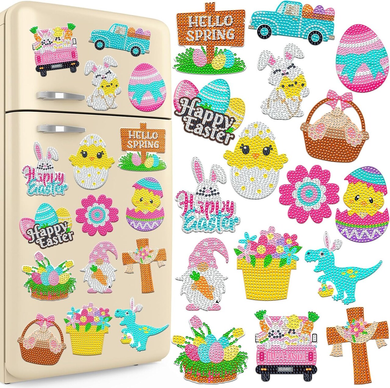 16 Pcs Easter Diamond Painting Magnets for Refrigerator Spring Diamond Art Magnets DIY Bunny Eggs Gnome Cross Flower Diamond Painting Kits Pink Yellow Easter Diamond Art for Adults Kids Crafts